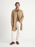 Tan Fly-Front Raincoat — Men's Knee-Length Collared Commuter Layer