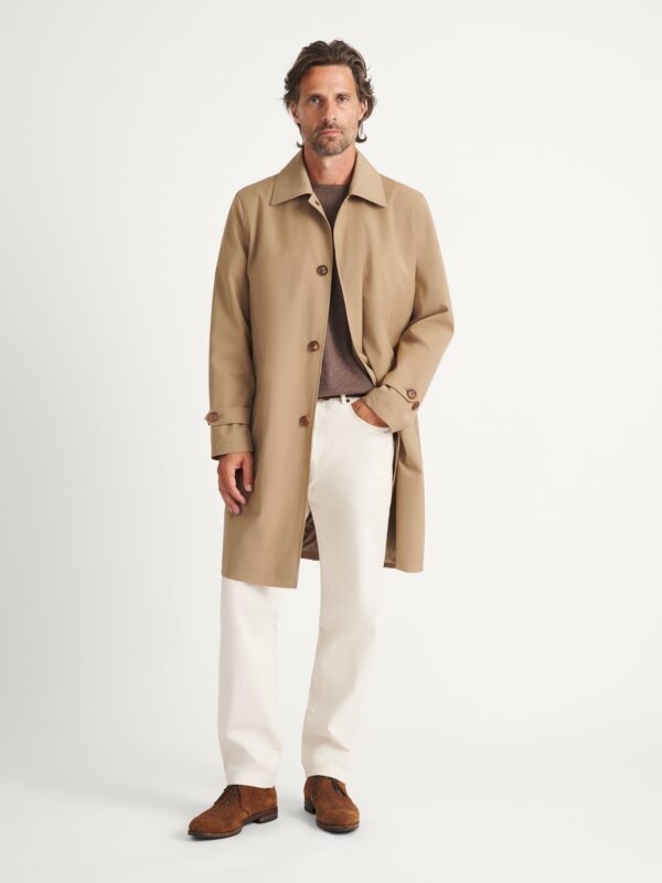 Tan Fly-Front Raincoat — Men's Knee-Length Collared Commuter Layer