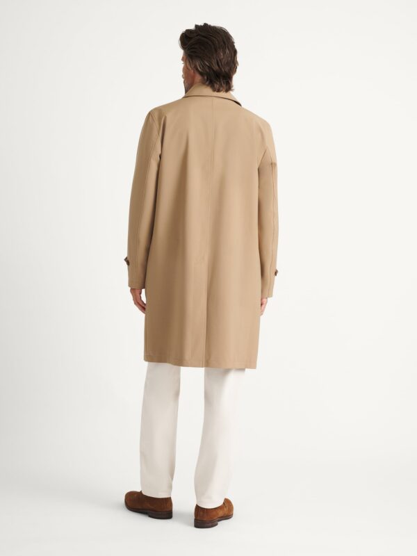 Tan Fly-Front Raincoat — Men's Knee-Length Collared Commuter Layer
