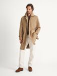 Tan Fly-Front Raincoat — Men's Knee-Length Collared Commuter Layer