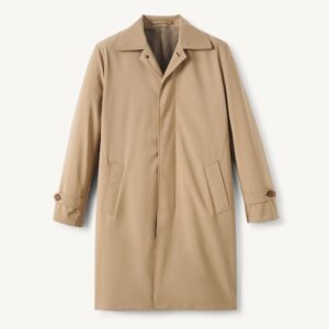 Tan Fly-Front Raincoat — Men's Knee-Length Collared Commuter Layer
