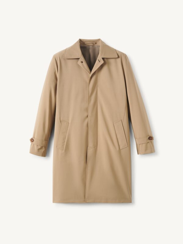 Tan Fly-Front Raincoat — Men's Knee-Length Collared Commuter Layer