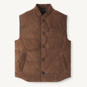 Brown Quilted Vest — Men's Button-Front Stand-Collar Insulated Layer
